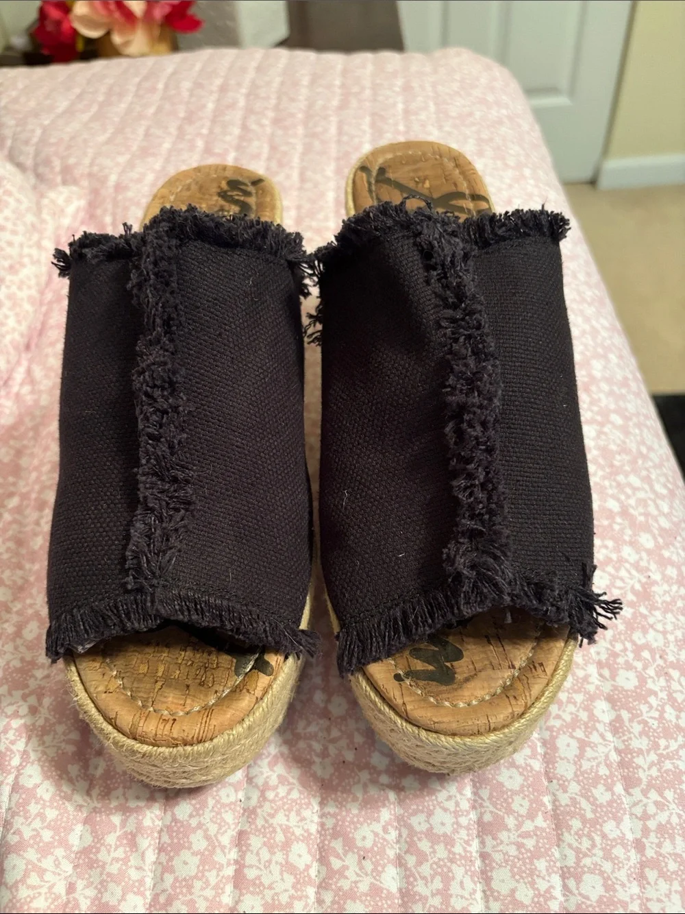 Sam Edelman Black Frayed Slide Espadrille Wedge
